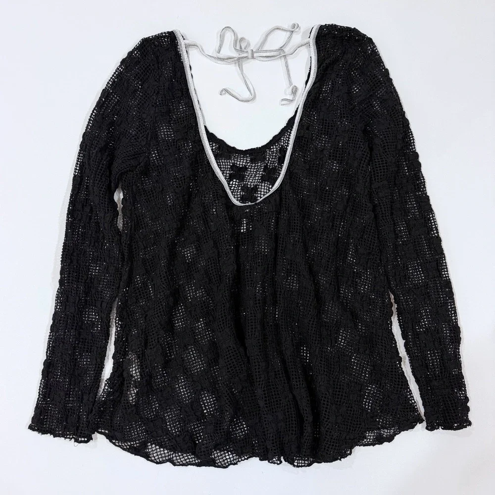 Free People Grady Lace Top Black Sheer Knit Tunic Top M Whimsigoth Indie Sleaze